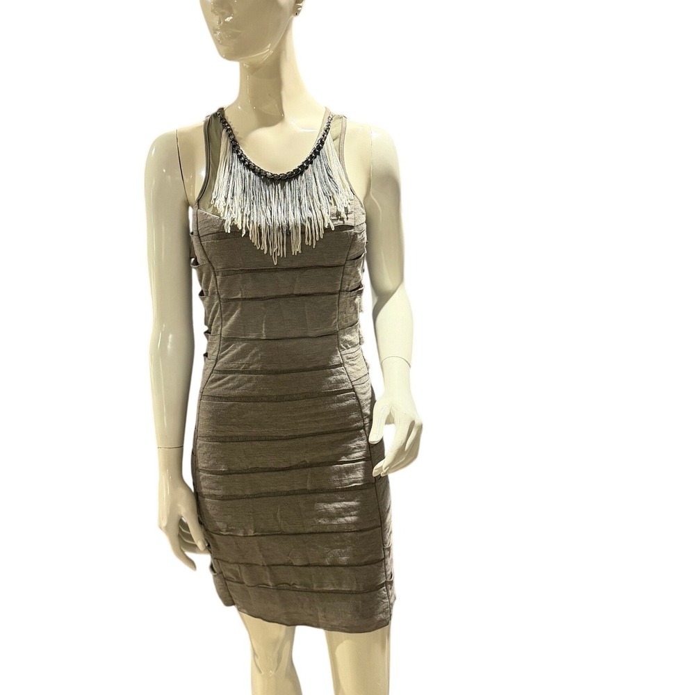 Esley Fringe Chain Trim Bodycon Dress Gray Size S